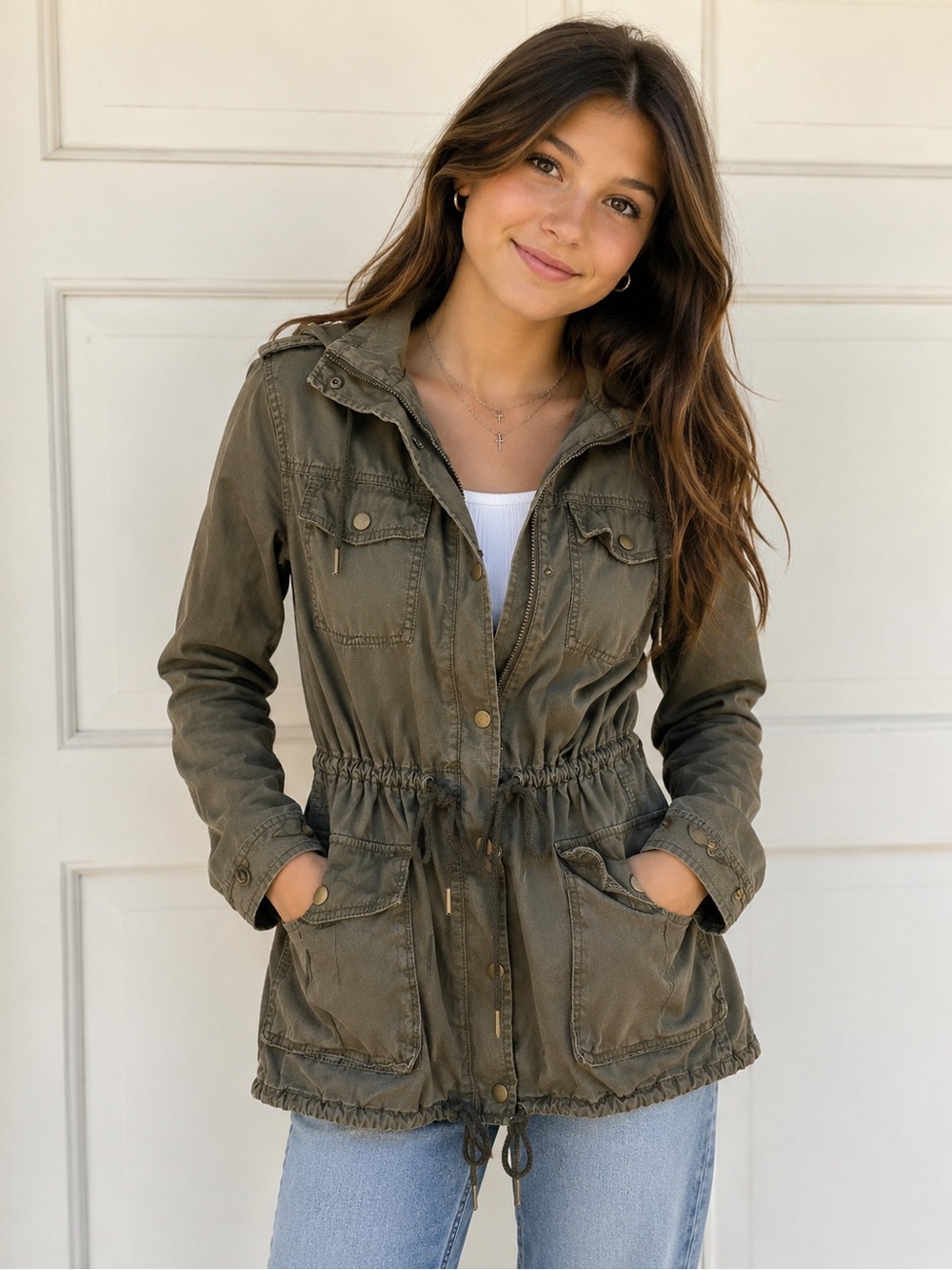 Talula Olive Green Cinch-Waist Utility Jacket